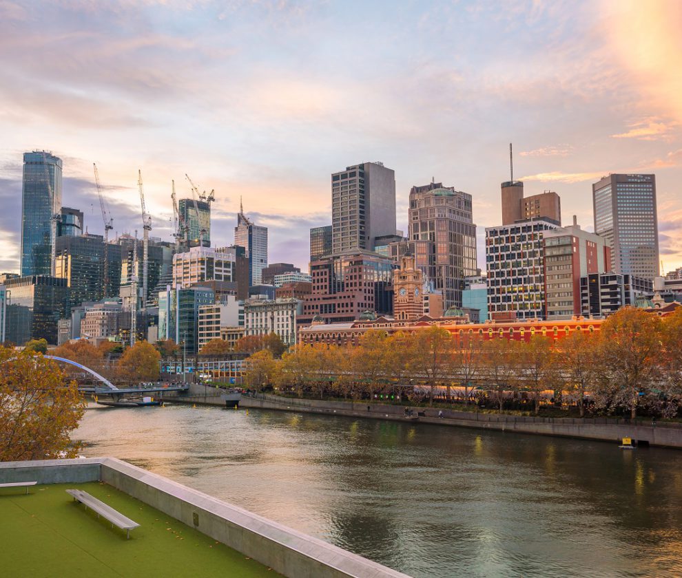 Melbourne city skyline at twilight in Australia